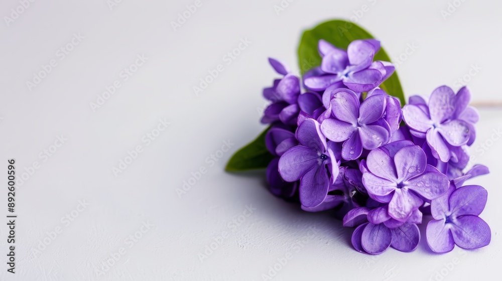 A tight shot of purple blossoms against a white backdrop, featuring a single green leaf atop them A tight shot of purple blossoms against a white backdrop, featuring a single green leaf atop them