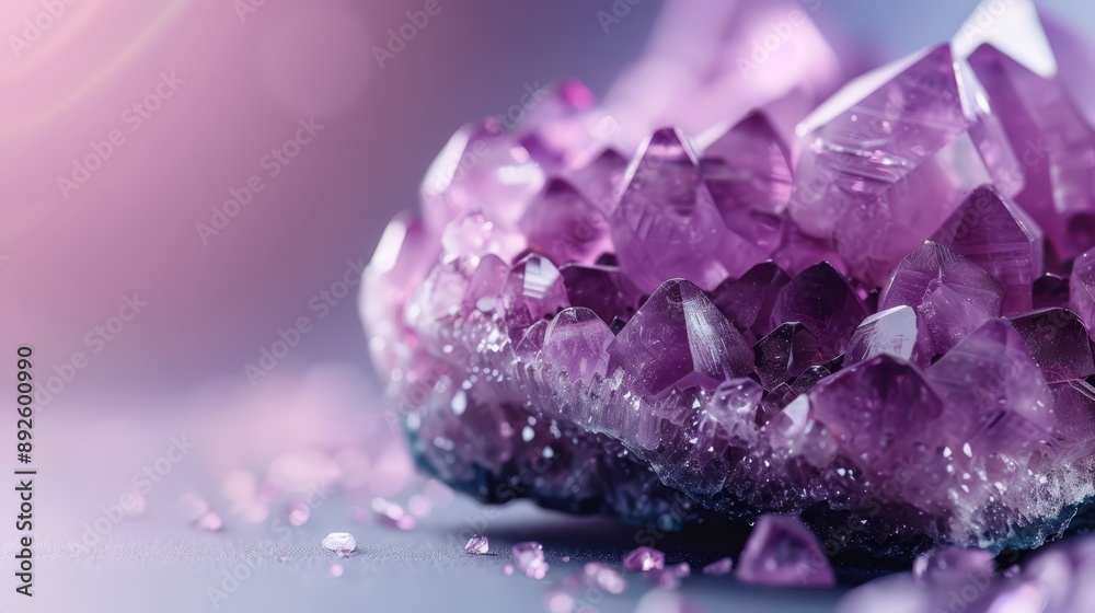 A cluster of amethyst crystals rests atop a purple surface, surrounded by a hazy, purplish light in the background A cluster of amethyst crystals rests atop a purple surface, surrounded by a hazy, purplish light in the background