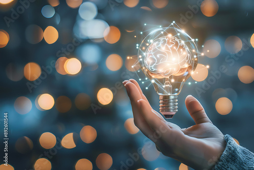 Light bulb in hand, concept thought , brain
