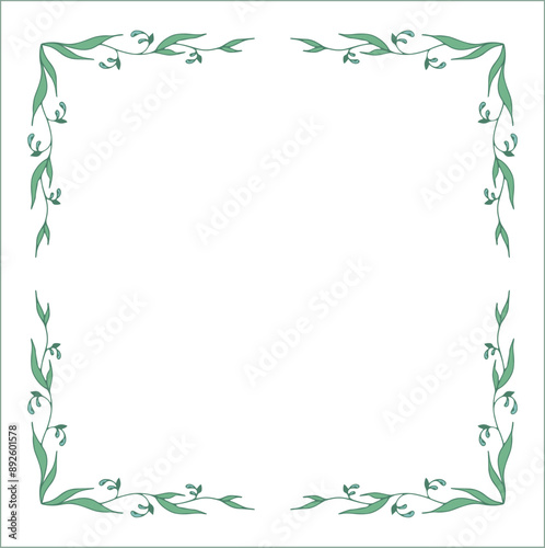 Green vegetal ornamental frame with leaves, decorative border, corners for greeting cards, banners, business cards, invitations, menus. Isolated vector illustration. 