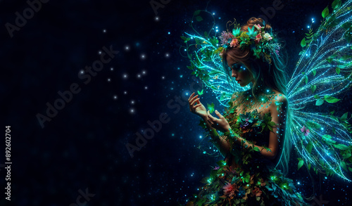 Forest nymph with glowing blue wings, adorned in leaves and flower