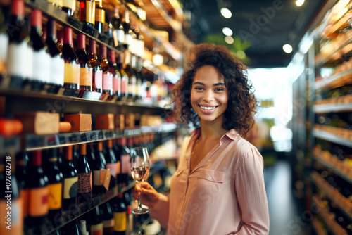 Female sommelier recommending wines in a boutique shop, engaging with customers amidst meticulously arranged racks, expertise in selection