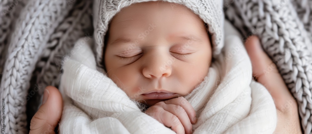 A person closely holds a baby with a knitted hat, shielding them with a blanket overhead A person closely holds a baby with a knitted hat, shielding them with a blanket overhead