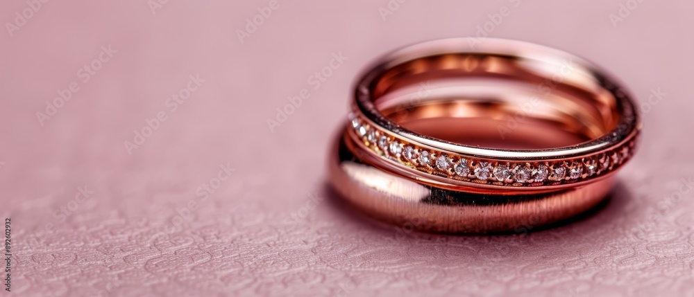 A pair of wedding rings resting atop pink paper on a table A pair of wedding rings resting atop pink paper on a table