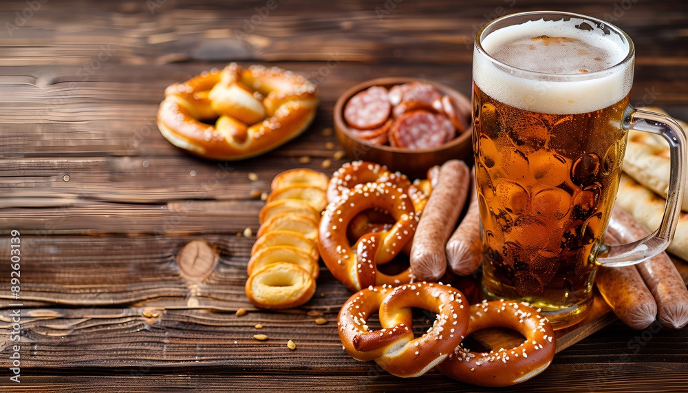 Glass of beer, pretzels and various sausages on wooden background. Oktoberfest Glass of beer, pretzels and various sausages on wooden background. Oktoberfest