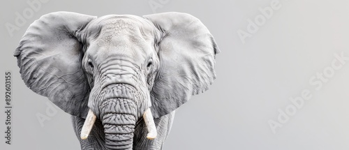  A tight shot of an elephant's face with prominent tusks, neither extending from its ears