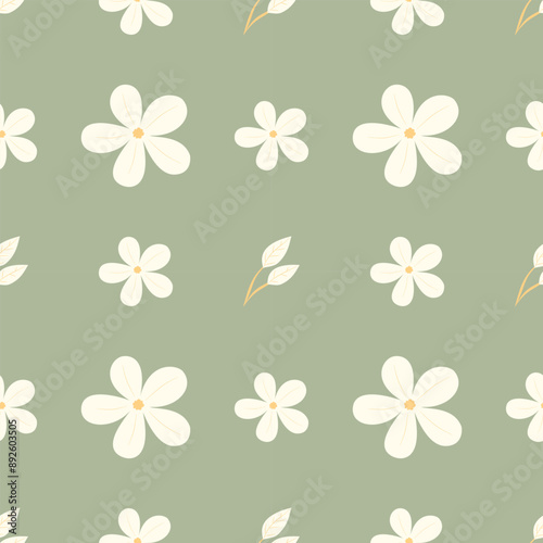 Flowers and leaves seamless pattern. Flower simple minimalistic seamless pattern graphic design for paper, textile print, page fill. Floral background with hand drawn wild flowers, herbs and leaves. 