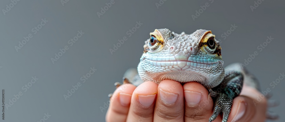 A tight shot of a hand cradling a small lizard against a gray backdrop A tight shot of a hand cradling a small lizard against a gray backdrop