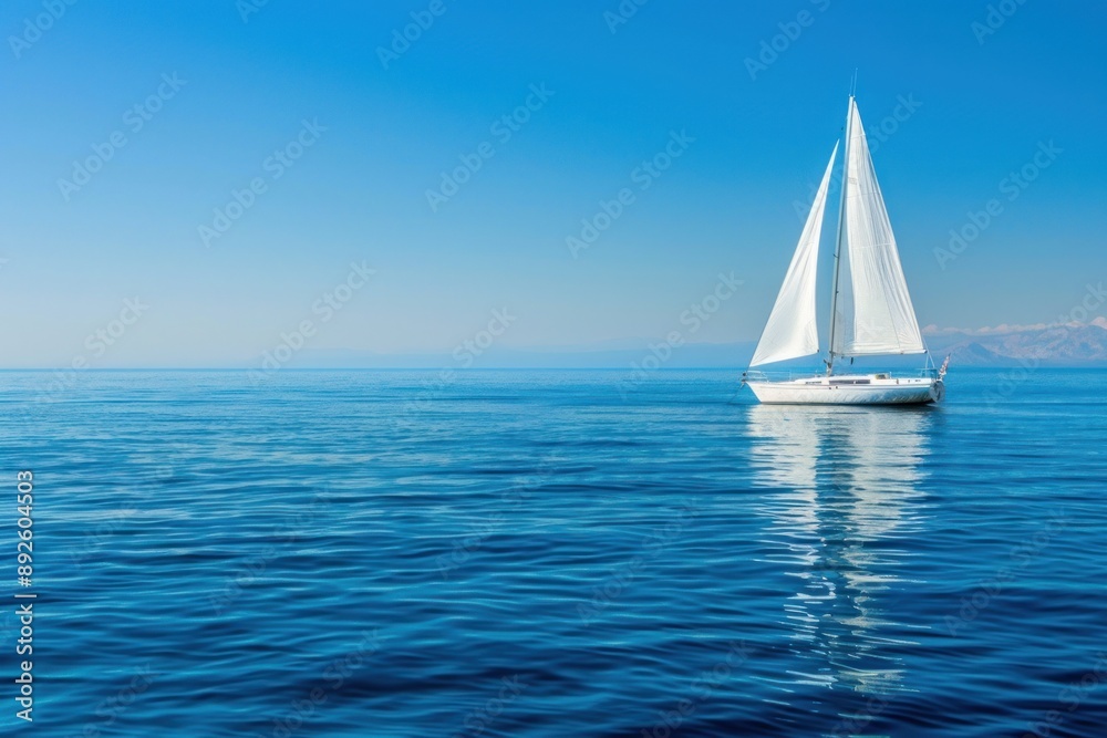 Obraz premium A serene sailboat glides over calm blue ocean waters under a clear sky, ideal for summer vacation relaxation