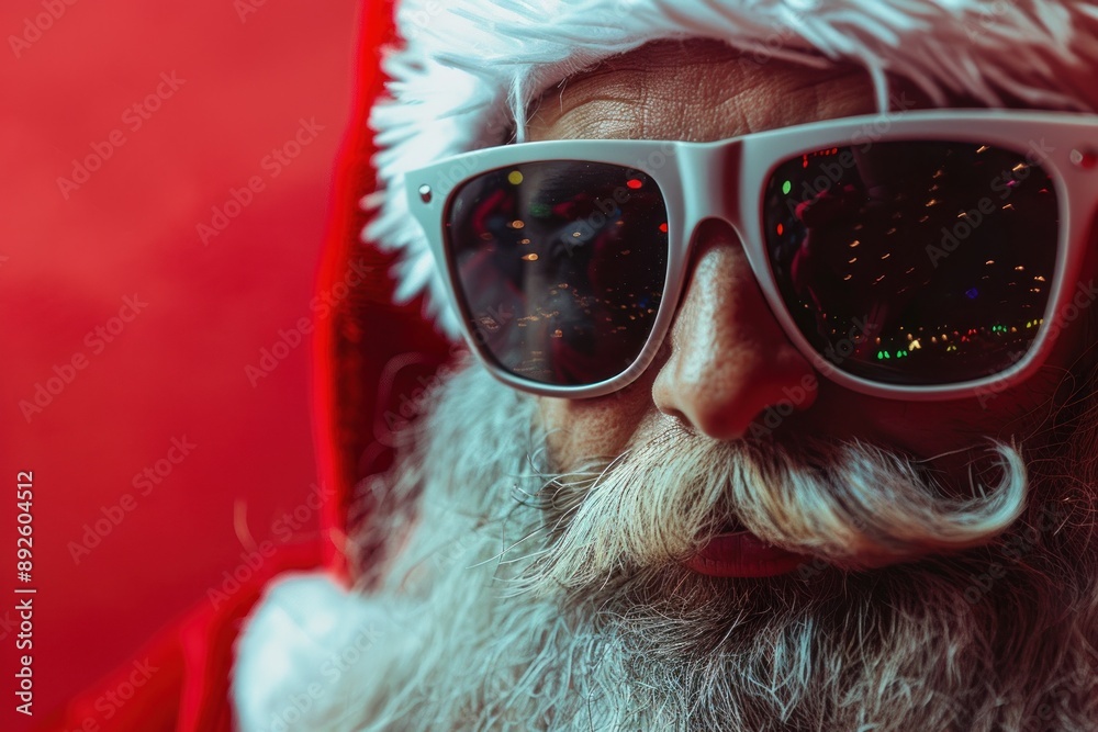 A santa clause wearing sunglasses and a santa hat Isolated on red background A santa clause wearing sunglasses and a santa hat Isolated on red background