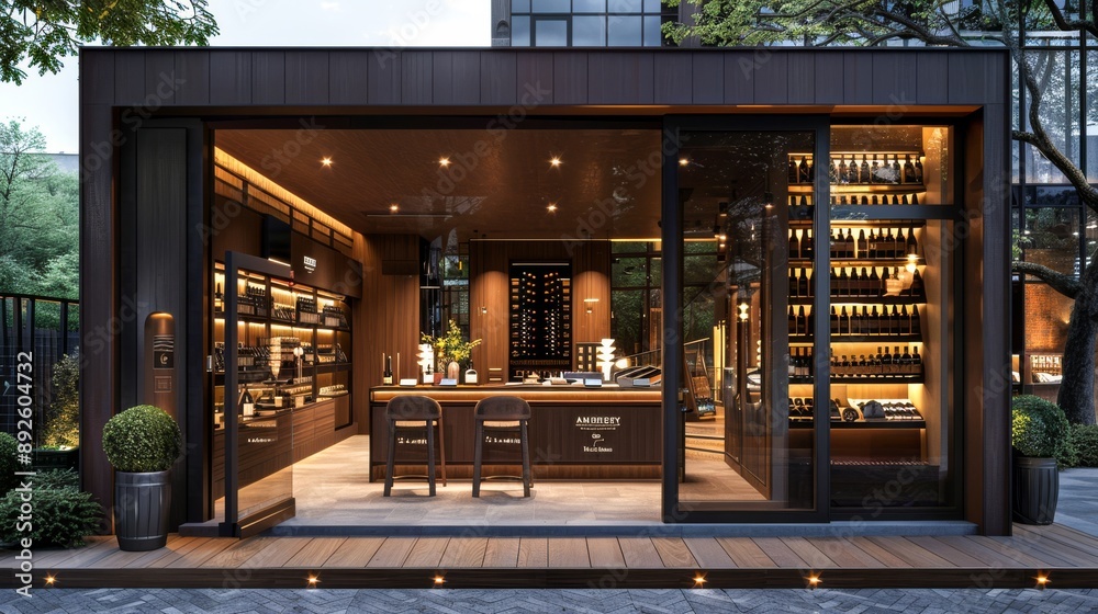 storefront of An elegant wine shop with tall glass windows, stylish wine displays, and a sophisticated, dark wood exterior. storefront of An elegant wine shop with tall glass windows, stylish wine displays, and a sophisticated, dark wood exterior.