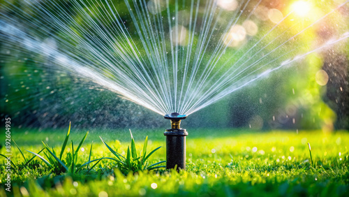 Automatic lawn sprinkler watering green grass. Sprinkler with automatic system. Garden irrigation system watering lawn. Water saving or water conservation from sprinkler system with adjustable head. photo