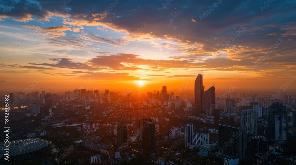 Fototapeta premium Sunset view from a high-rise building capturing city skyline and landmarks.