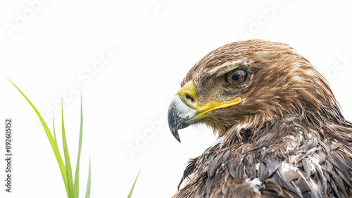 Close-up portrait of a wet tawny eagle(Aquila rapax) against a clean white background showing head, beak and eye details from Serengeti, Tanzania photo