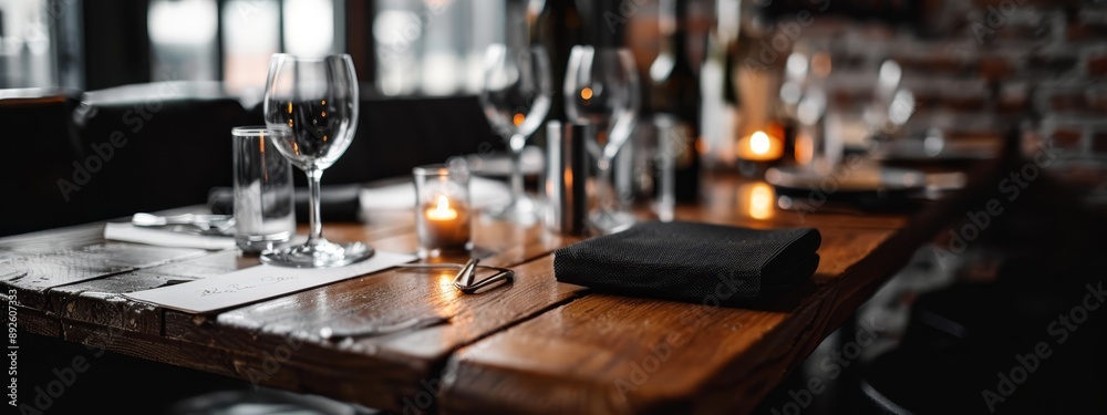 A wooden table, laden with numerous glasses of wine, and a napkin bearing a candle at its center A wooden table, laden with numerous glasses of wine, and a napkin bearing a candle at its center