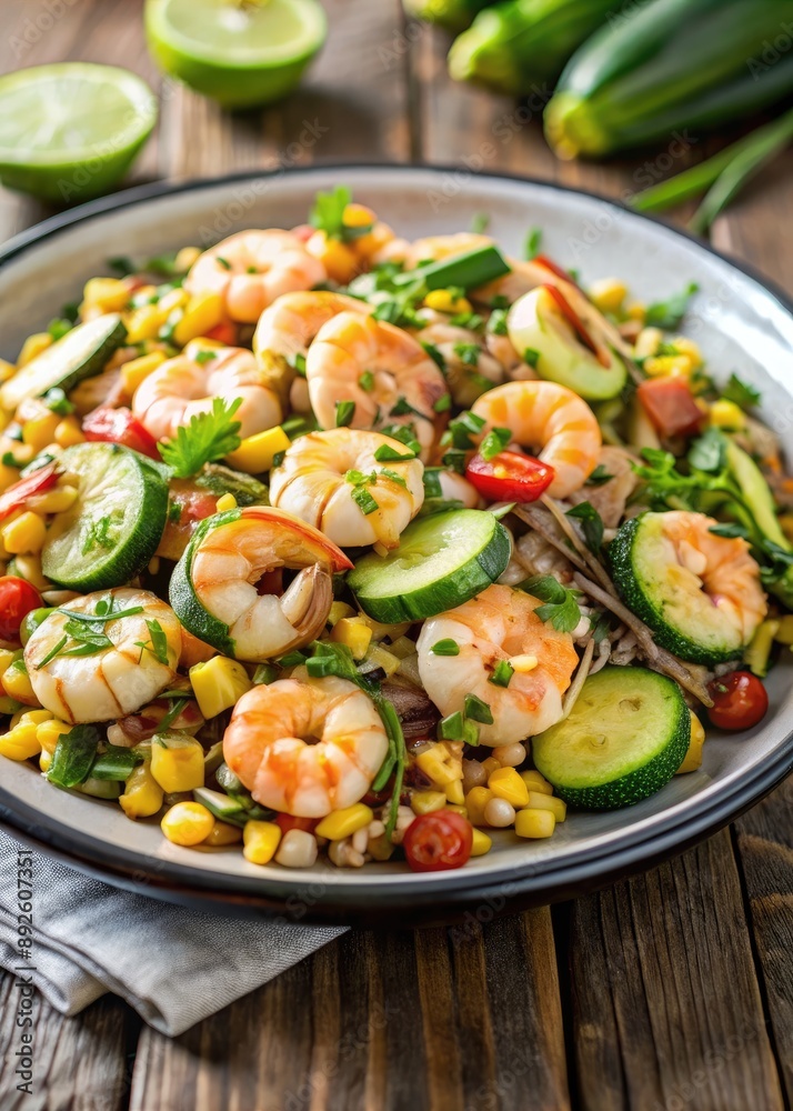 A vibrant salad with shrimp, corn, cucumbers, and greens. A vibrant salad with shrimp, corn, cucumbers, and greens.