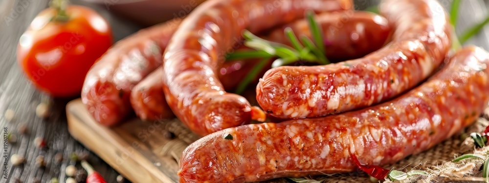  A pair of sausages atop a cutting board, nearby sits a tomato and a pepper shaker