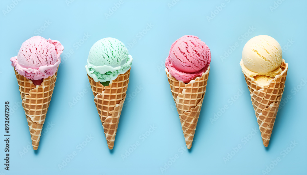 Pastel ice cream in waffle cones, bright background, copy space Pastel ice cream in waffle cones, bright background, copy space