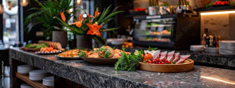 A counter with plates of food, a bowl of fruit, and a bowl of salad A counter with plates of food, a bowl of fruit, and a bowl of salad