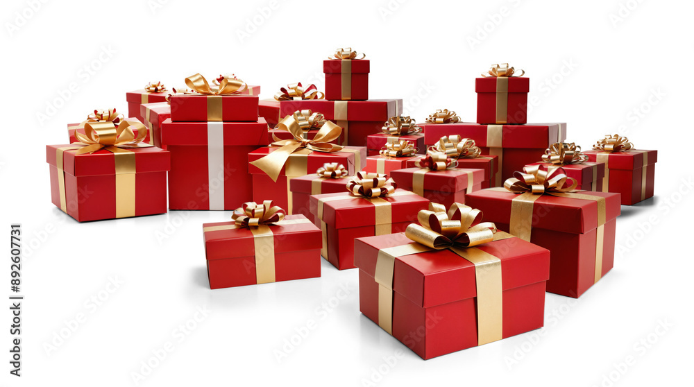 Obraz premium festively wrapped Christmas presents in a row and stacked, isolated