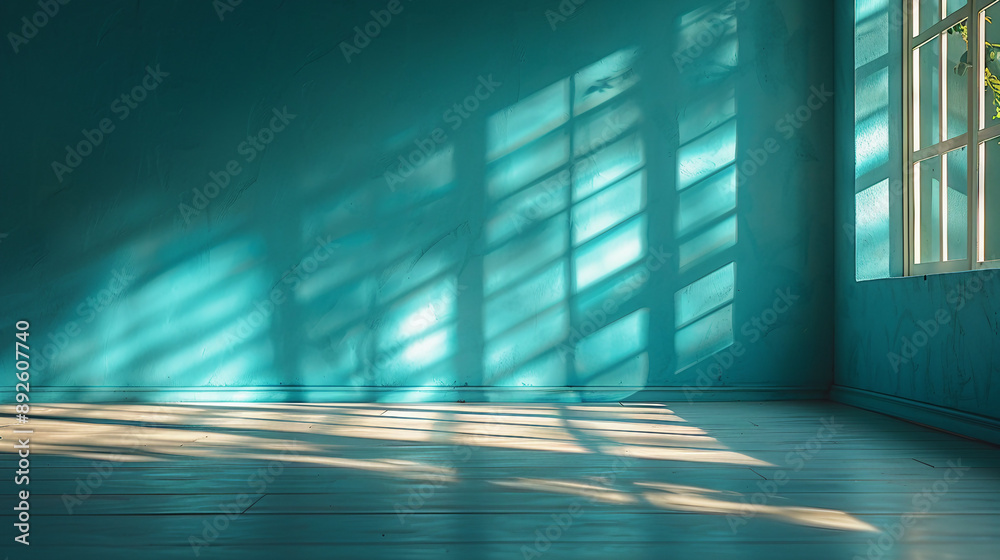 Soft Sunlight Streaming Through Blinds Onto an Empty Teal and White Floor Creating Subtle Shadows and Minimalist Harmony Soft Sunlight Streaming Through Blinds Onto an Empty Teal and White Floor Creating Subtle Shadows and Minimalist Harmony