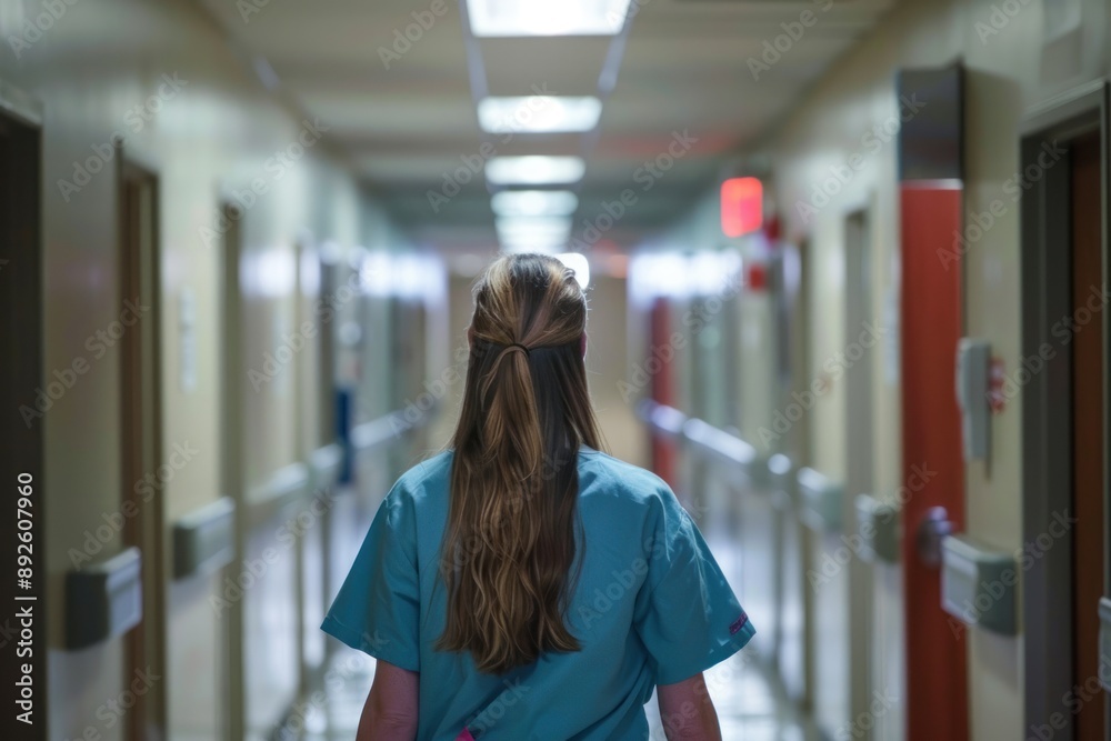 Obraz premium Back view Nurse walking down hospital corridor