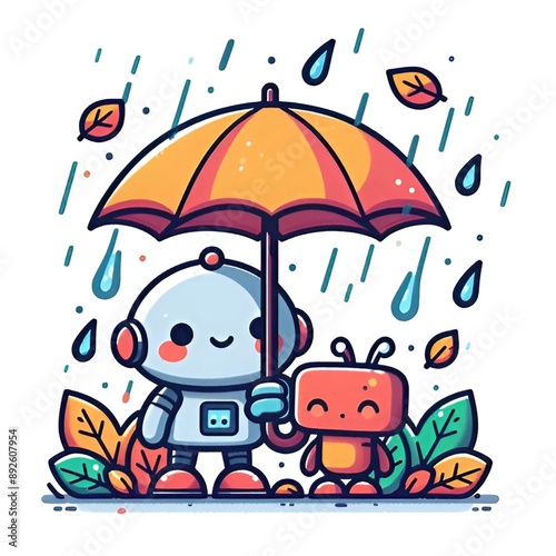 Cartoon style robots under an umbrella in the autumn rain on a white background, flat colors