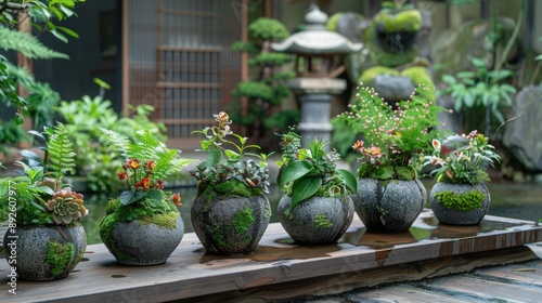 Serene Outdoor Setting with Kokedamas and Japanese Garden. photo