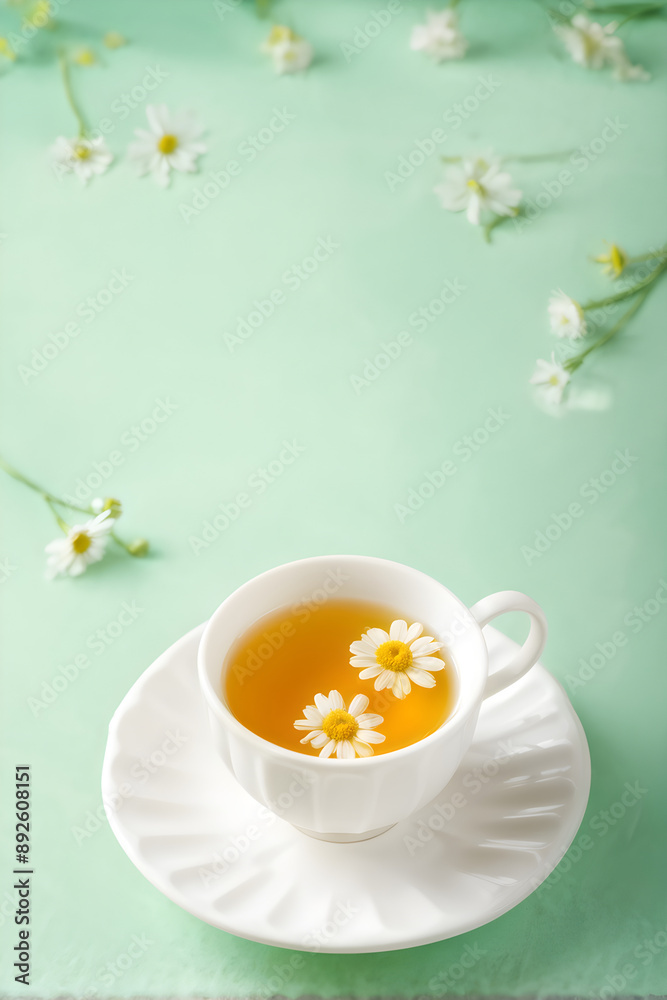 Cup of green camomile tea with flowers on green pastel background. Copy space
Cup of green camomile tea with flowers on green pastel background. Copy space