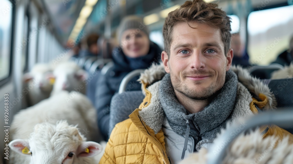 A young man in a yellow jacket smiles while sitting on a crowded train with sheep beside him, capturing an unusual yet charming travel moment in winter attire. A young man in a yellow jacket smiles while sitting on a crowded train with sheep beside him, capturing an unusual yet charming travel moment in winter attire.
