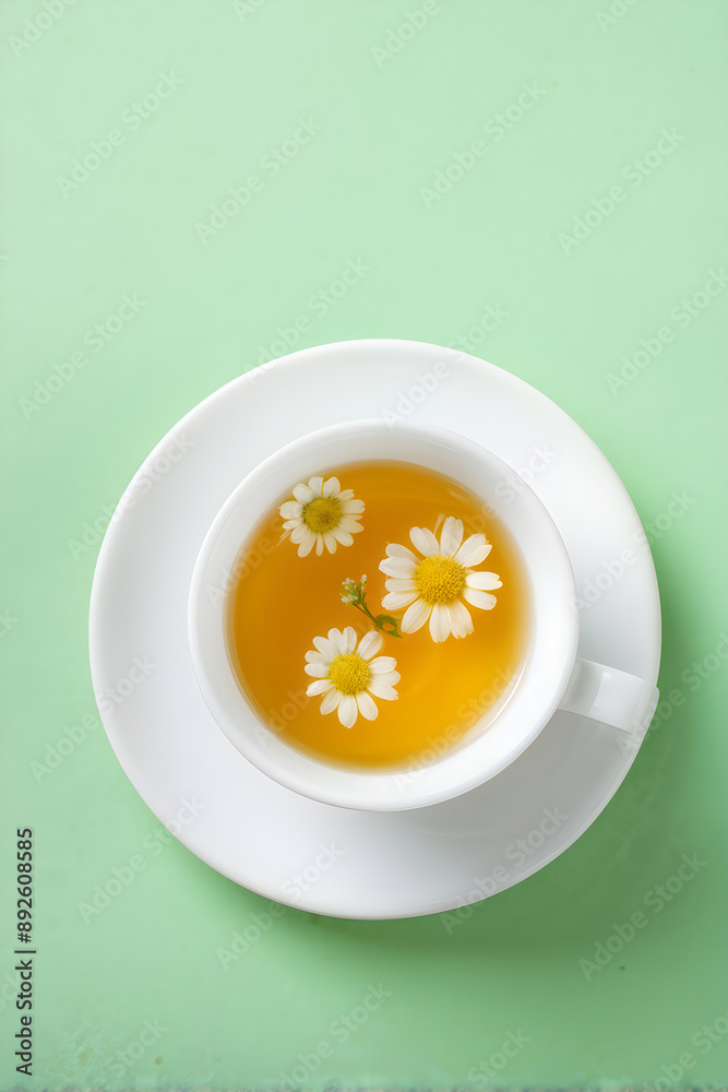 Cup of green camomile tea with flowers on green pastel background. Copy space
Cup of green camomile tea with flowers on green pastel background. Copy space