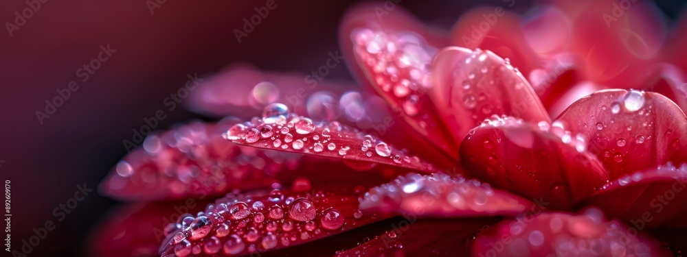 A tight shot of a red flower with water droplets on its petals and dewdrops in the center A tight shot of a red flower with water droplets on its petals and dewdrops in the center