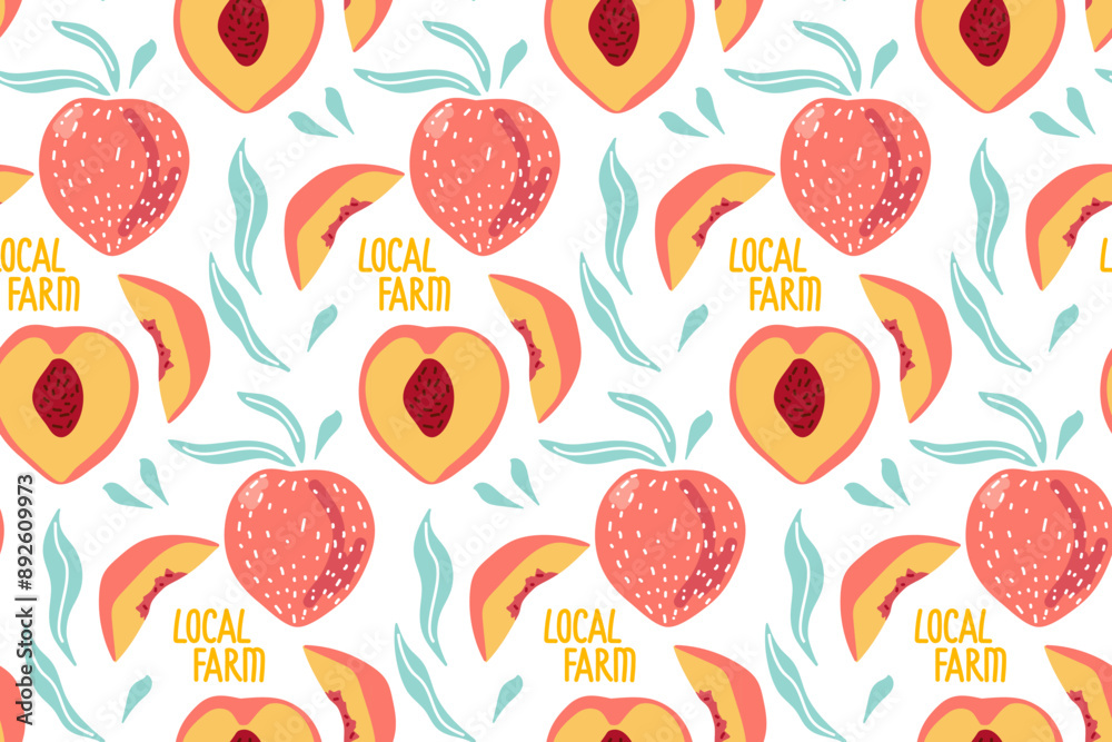 Seamless pattern with Pink Peach, whole fruits and sliced fruits. Hand drawn doodle sketch vector illustration. Food eco Repeated template for background, textile, wrapping paper, wallpaper, scrap. Seamless pattern with Pink Peach, whole fruits and sliced fruits. Hand drawn doodle sketch vector illustration. Food eco Repeated template for background, textile, wrapping paper, wallpaper, scrap.