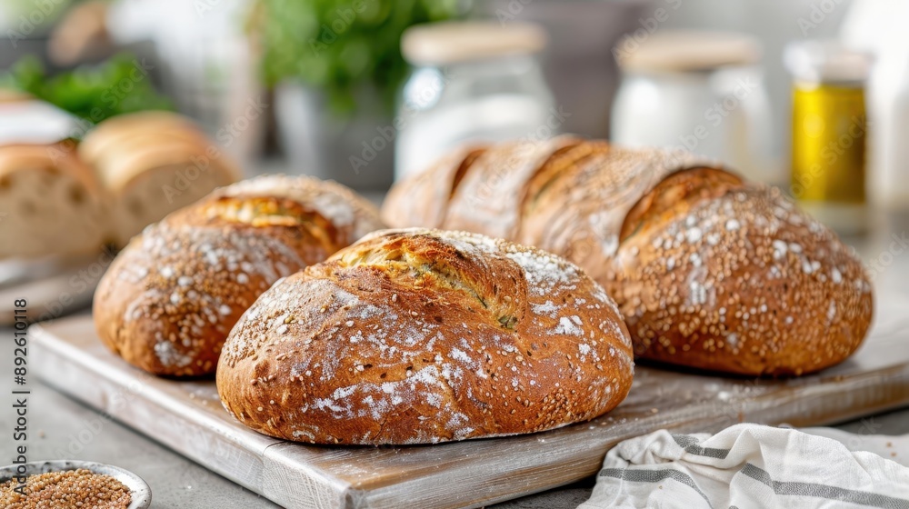Four beautifully baked rustic loaves of bread are placed on a wooden cutting board, dusted with flour, creating a cozy and homely atmosphere in the kitchen setting. Four beautifully baked rustic loaves of bread are placed on a wooden cutting board, dusted with flour, creating a cozy and homely atmosphere in the kitchen setting.