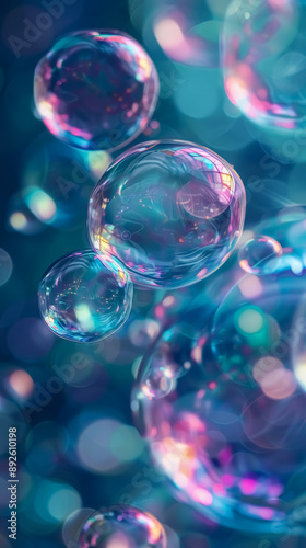 Abstract desktop wallpaper for mobile background with flying bubbles on a blue and pink background. 