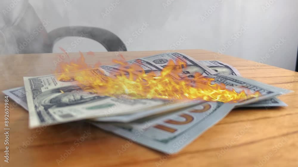 Fire Burning One Hundred Dollar Bills on a Wooden Table, Symbolizing Crisis and Inflation. Close Up.