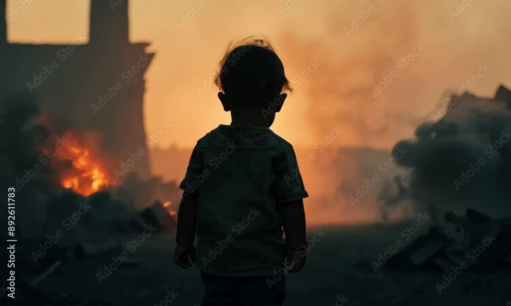 back view of a shabby and dirty child is standing, in background the ruins of a war-torn city