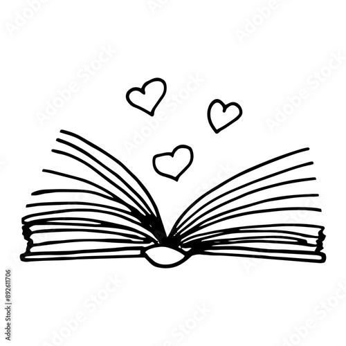 open book and hearts hand drawn in doodle style. school reading textbook illustration in simple Scandinavian style.
