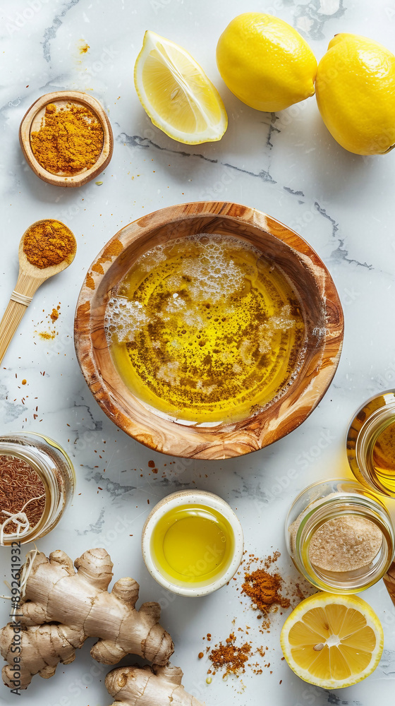 Wooden Bowl Setup with Turmeric, Lemon Water, and Jojoba Oil for Body Scrub Ingredients Photoshoot
Wooden Bowl Setup with Turmeric, Lemon Water, and Jojoba Oil for Body Scrub Ingredients Photoshoot