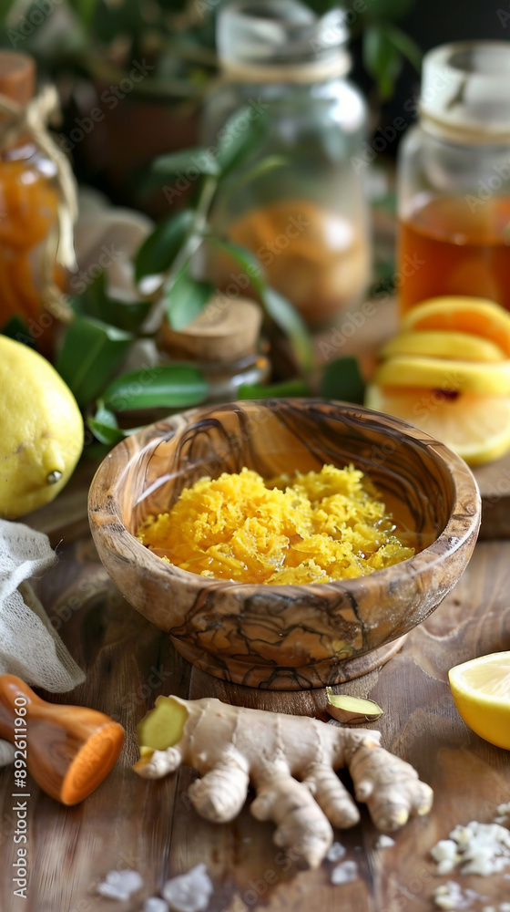 Wooden Bowl Setup with Turmeric, Lemon Water, and Jojoba Oil for Body Scrub Ingredients Photoshoot
Wooden Bowl Setup with Turmeric, Lemon Water, and Jojoba Oil for Body Scrub Ingredients Photoshoot