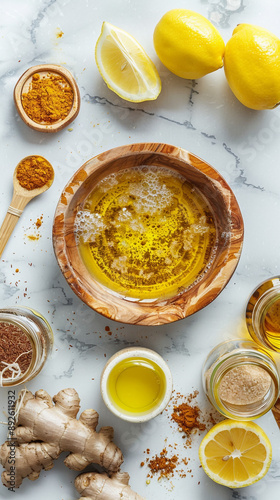 Wooden Bowl Setup with Turmeric, Lemon Water, and Jojoba Oil for Body Scrub Ingredients Photoshoot
 photo