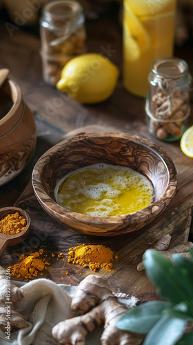 Wooden Bowl Setup with Turmeric, Lemon Water, and Jojoba Oil for Body Scrub Ingredients Photoshoot
 photo