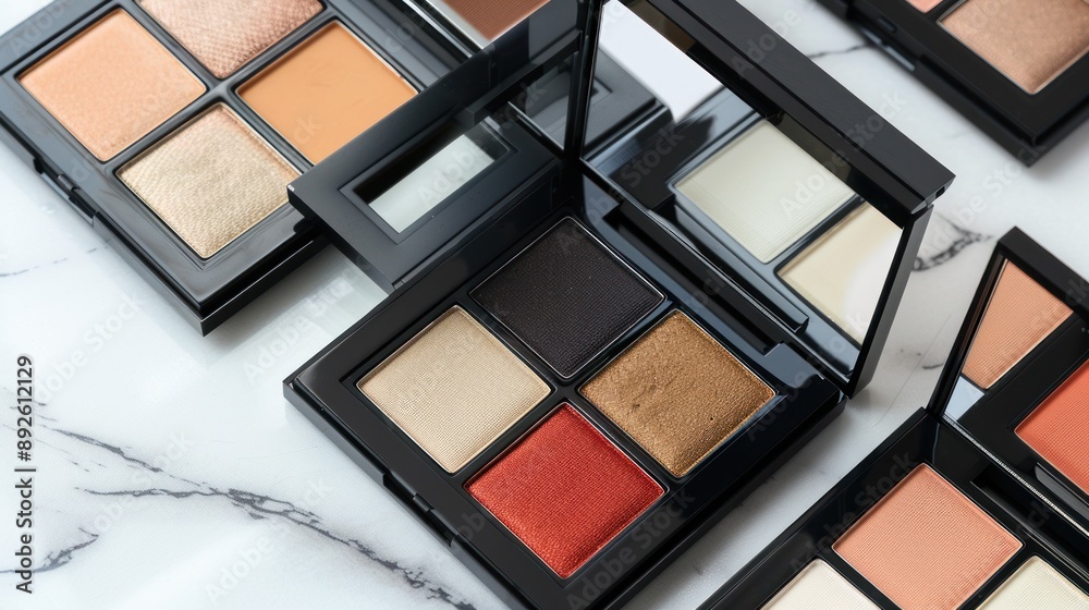 Colorful Eyeshadow Palettes on Marble Background Colorful Eyeshadow Palettes on Marble Background