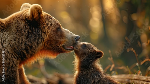 Brown Bear Mother Tenderly Licking Her Cub in a Heartwarming Moment