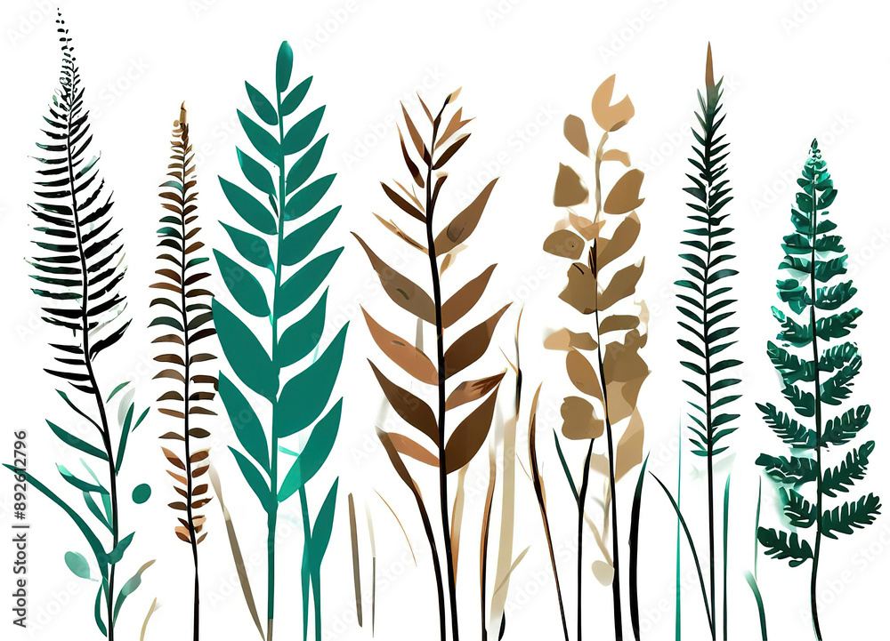 leaves and herbs in scandi style. illustration of abstract plants in minimalist style, emerald green color. leaves and herbs in scandi style. illustration of abstract plants in minimalist style, emerald green color.