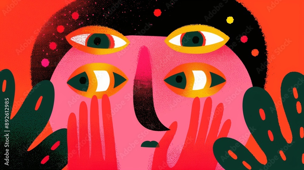 Fototapeta premium Abstract illustration depicting heightened perception and awareness with a stylized face, multiple eyes, and hands.
