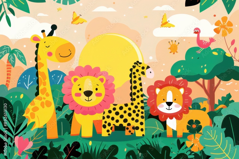 Fototapeta premium Cute Cartoon Animals in a Jungle Setting