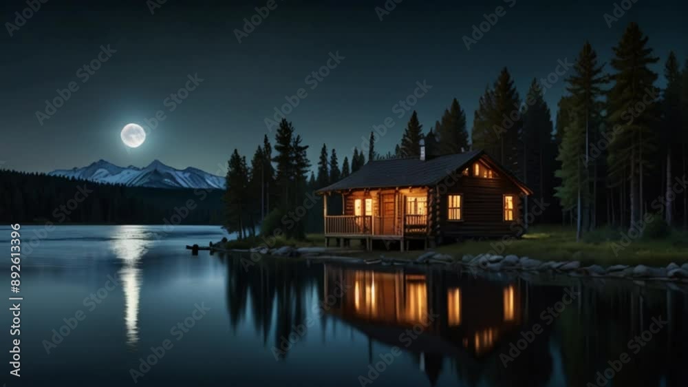 log cabin on the lake at night with twinkling stars in the sky log cabin on the lake at night with twinkling stars in the sky