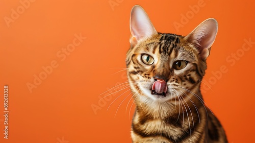 satisfied bengal cat licking lips after eating on orange background photo