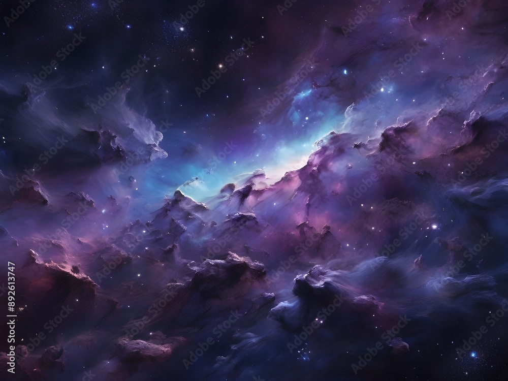 Fototapeta premium A stunning, vibrant galaxy background featuring swirling clouds of iridescent blue and purple gas, illuminated by a multitude of twinkling stars that gradate in size and intensity. Generative AI